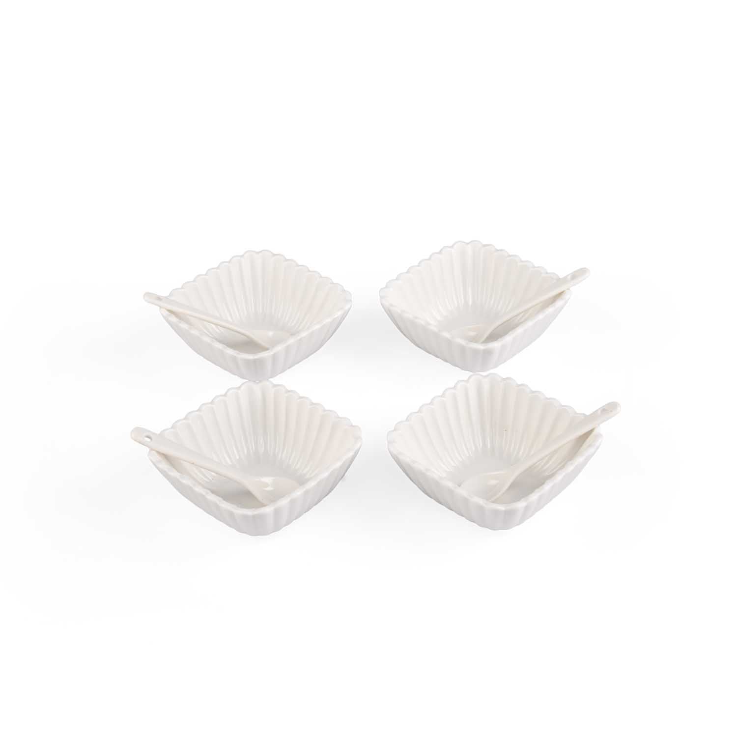 Square Ceramic Bowls and Spoons Set of 8- White