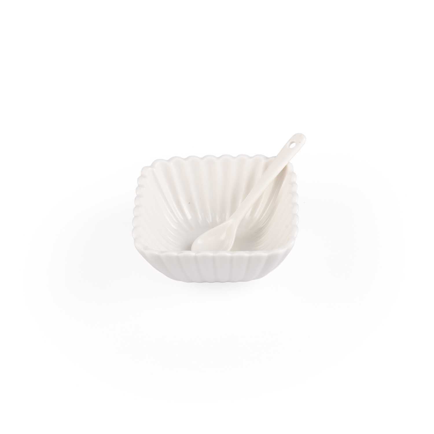 Square Ceramic Bowls and Spoons Set of 8- White