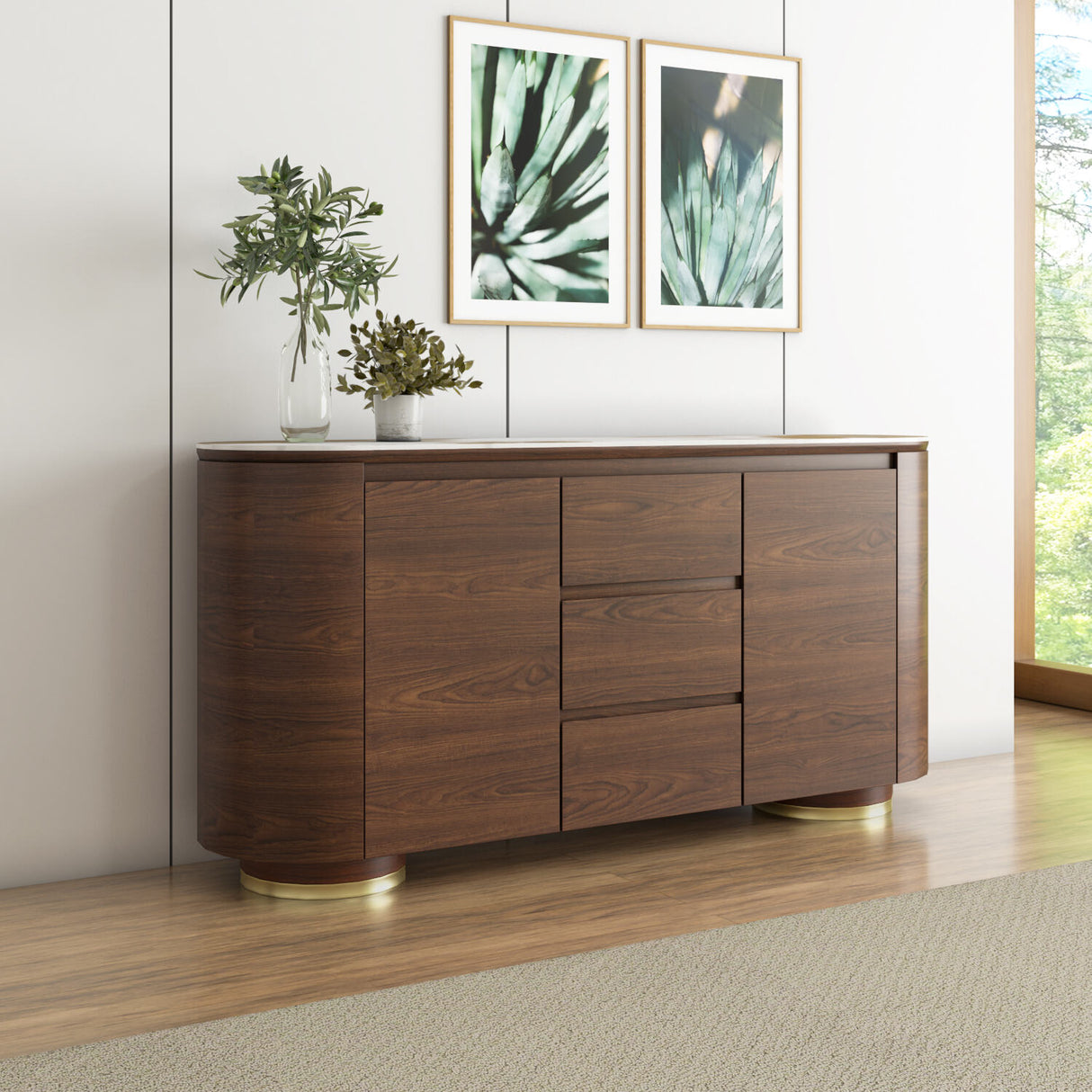 Empera Sintered Top Buffet Sideboard Cabinet (Walnut & Beige)
