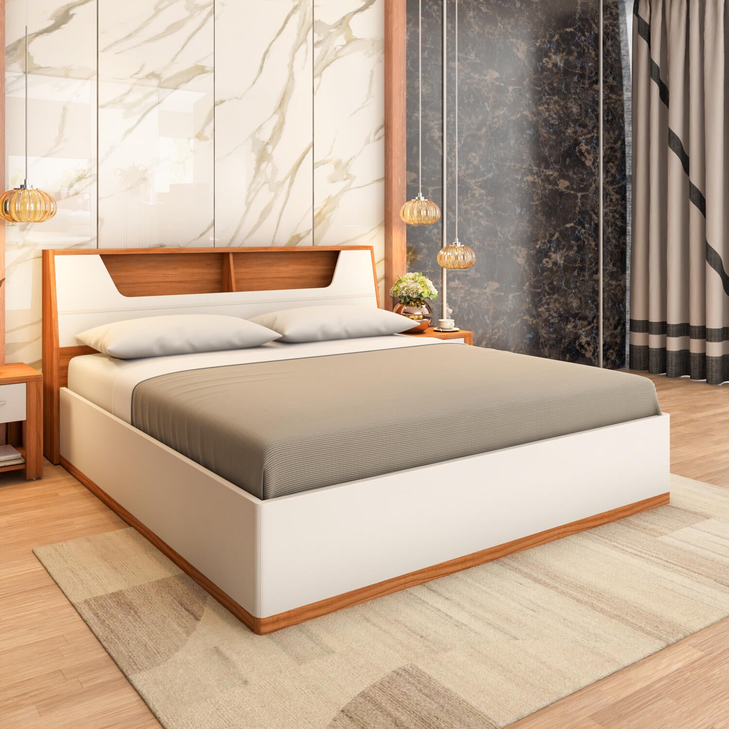 Eternal Wooden Queen Bed with Hydraulic Storage- Teak