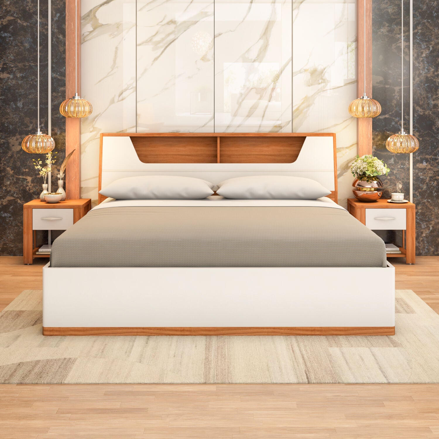 Eternal Wooden Queen Bed with Hydraulic Storage- Teak