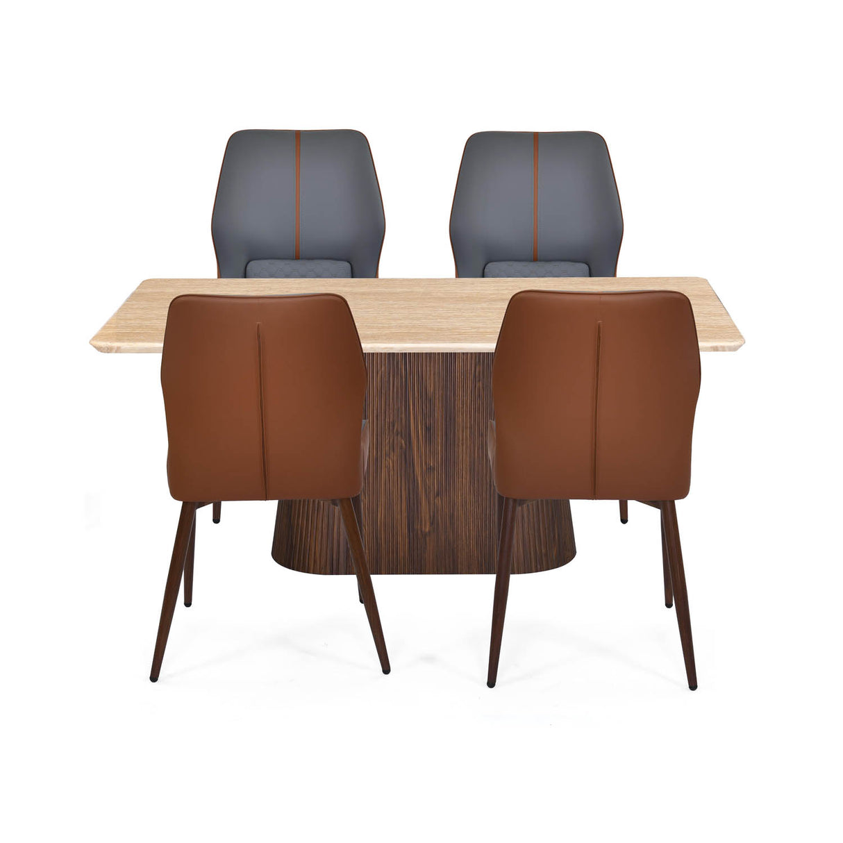 4 Seater Trava Marble Dining Set with Flinda Base and Ellipse Chairs- Travertine