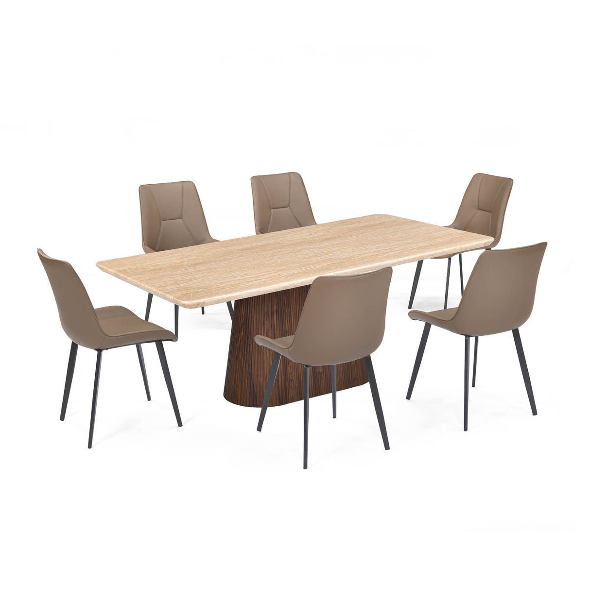 6 Seater Trava Marble Dining Set with Flinda Base and Nivo Chairs- Travertine
