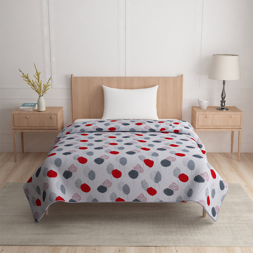 Nilkamal Leaf Design Cotton Single Bed Dohar Grey Red