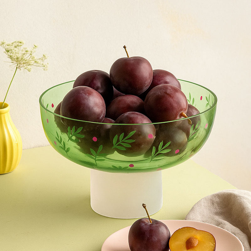 Hand-Painted Leaf Design Glass Urli Bowl With Base- Green