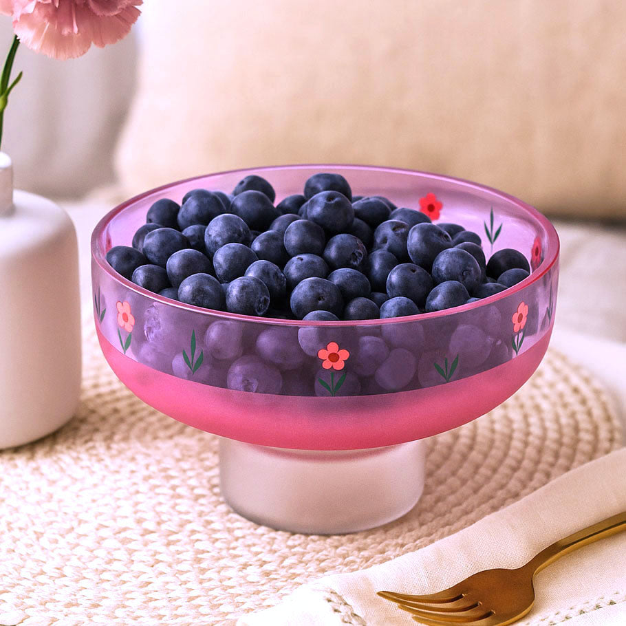 Hand-Painted Floral Glass Urli Bowl With Base- Pink