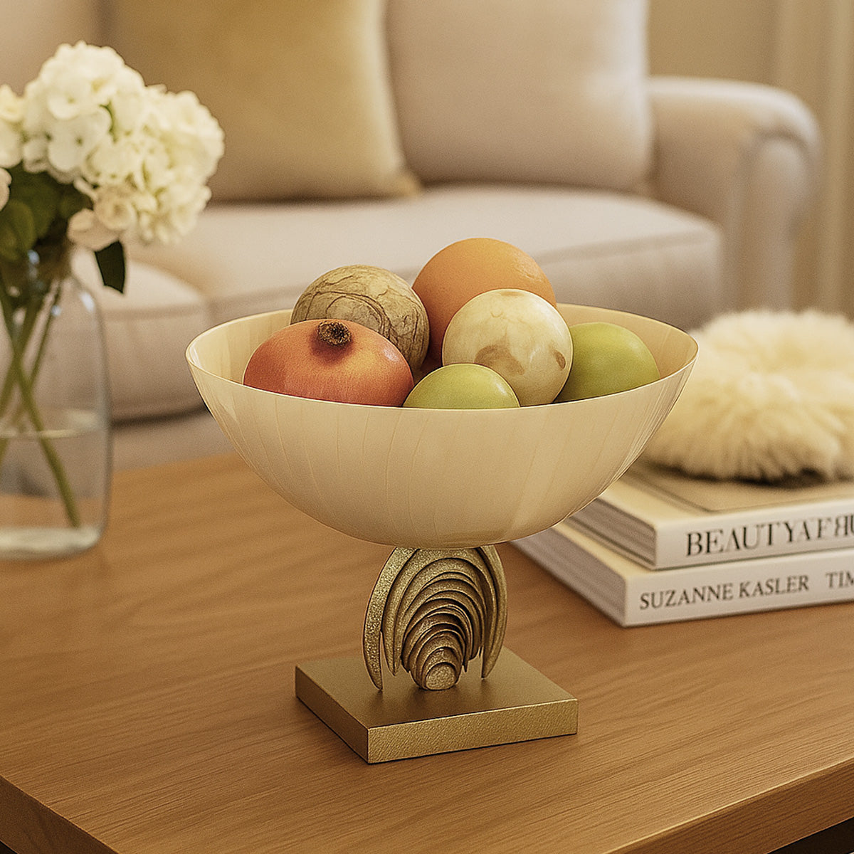 Decorative Round Metal Bowl with Arch Stand- Cream and Gold