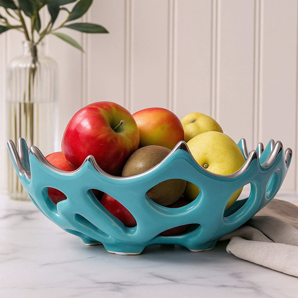 Cutwork Ceramic Round Bowl- Sea green & Silver