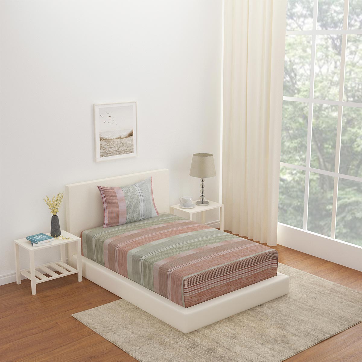 Nilkamal Arias by Lara Dutta Striped CVC Satin Single Bedsheet With 1 Pillow Cover (Grey) - 01