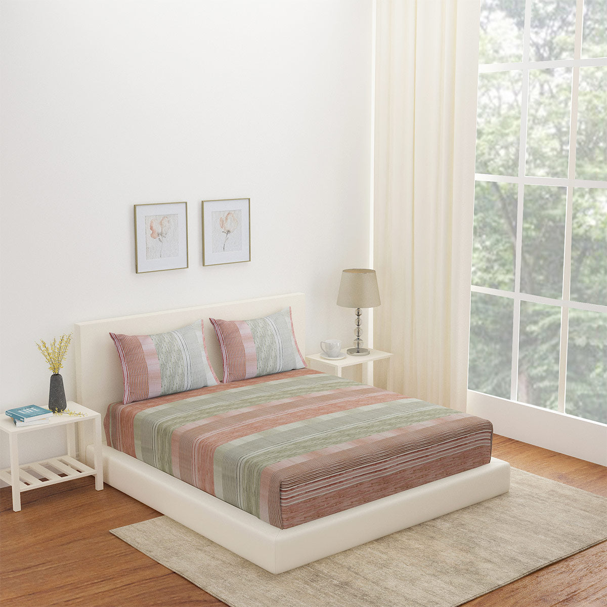 Nilkamal Arias by Lara Dutta Striped CVC Satin King Bedsheet With 2 Pillow Covers (Grey) - 01