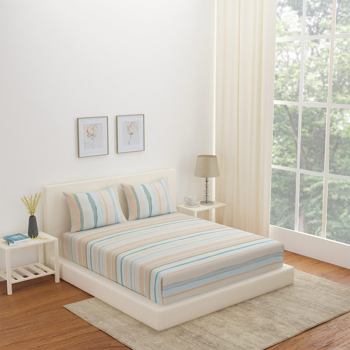 Nilkamal Arias by Lara Dutta Striped CVC Satin King Bedsheet With 2 Pillow Covers (Grey) - 02