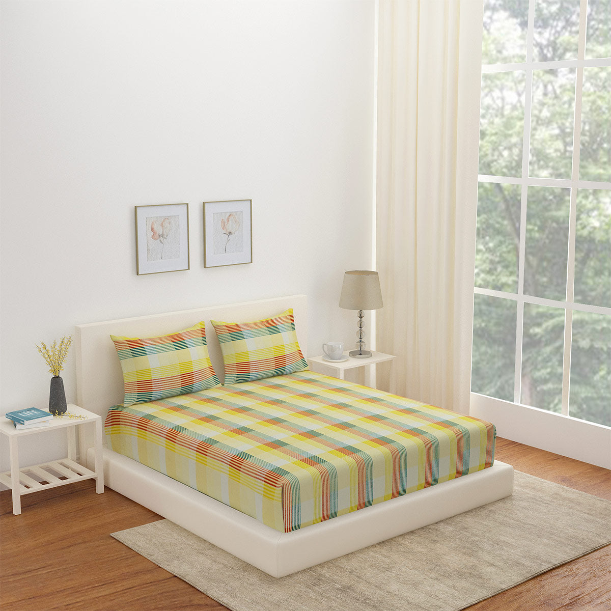 Nilkamal Arias by Lara Dutta Checkered CVC Satin King Bedsheet With 2 Pillow Covers (Multicolor)