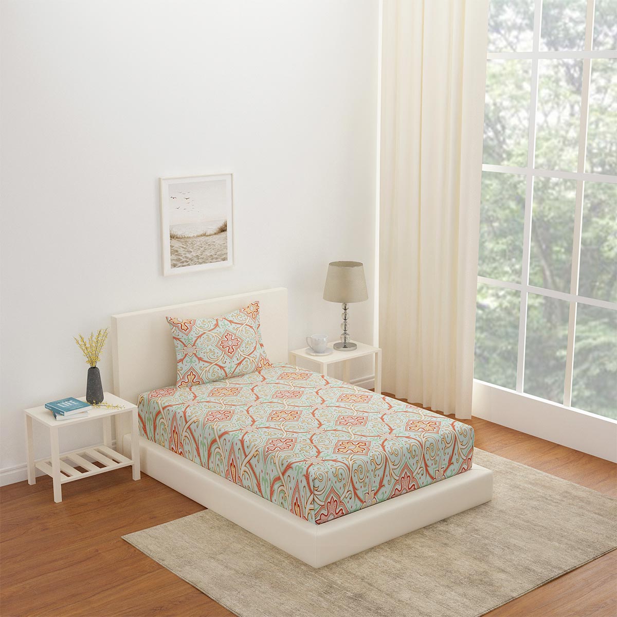 Nilkamal Arias by Lara Dutta Abstract CVC Satin Single Bedsheet With 1 Pillow Cover (Multicolor)