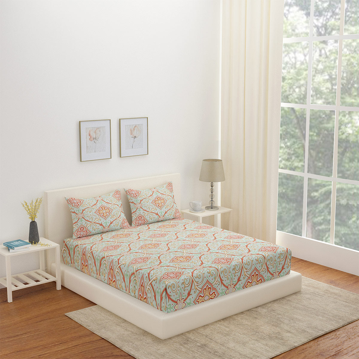 Nilkamal Arias by Lara Dutta Abstract CVC Satin King Bedsheet With 2 Pillow Covers (Multicolor)