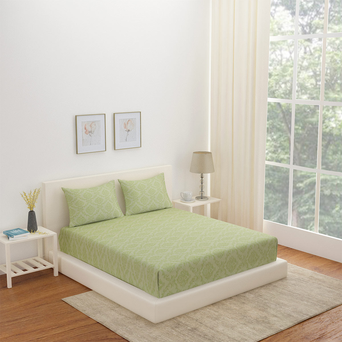 Nilkamal Arias by Lara Dutta Abstract CVC Satin King Bedsheet With 2 Pillow Covers (Green)