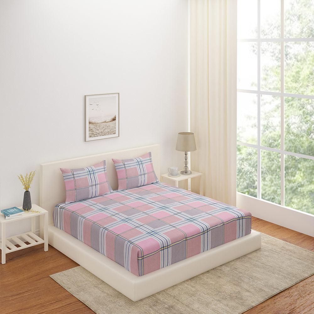 Nilkamal Checkered Polyester King Bedsheet with 2 Pillow Covers (Pink)