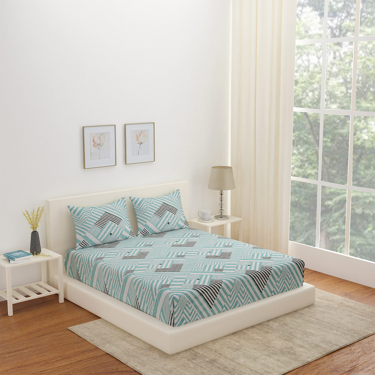 Nilkamal Arias by Lara Dutta Abstract Cotton King Bedsheet With 2 Pillow Covers (Blue)