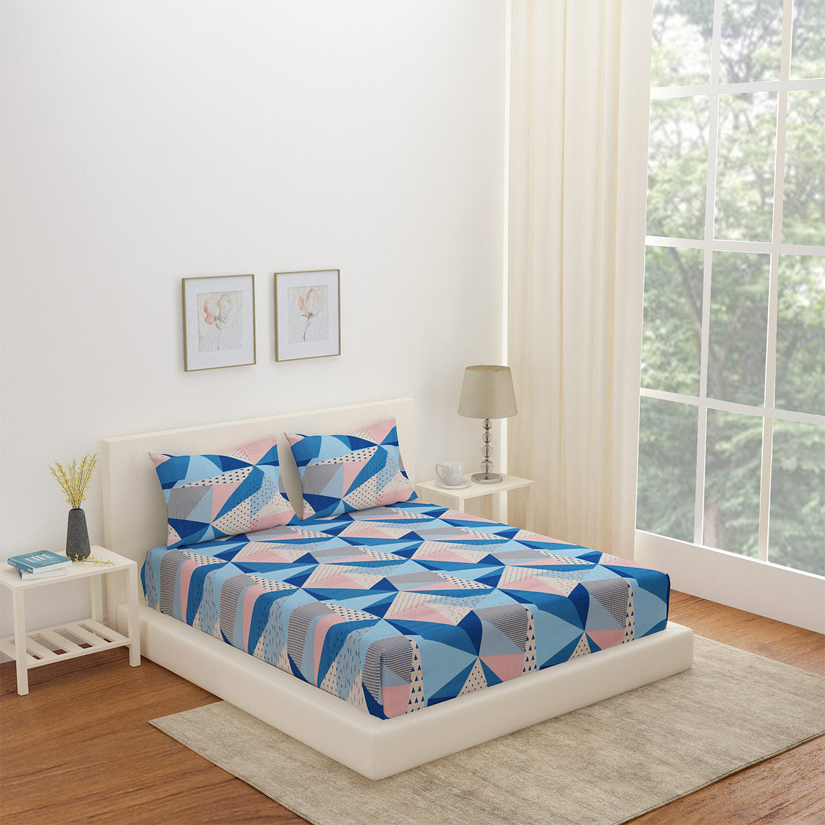Nilkamal Arias by Lara Dutta Geometric Cotton King Bedsheet With 2 Pillow Covers (Blue)