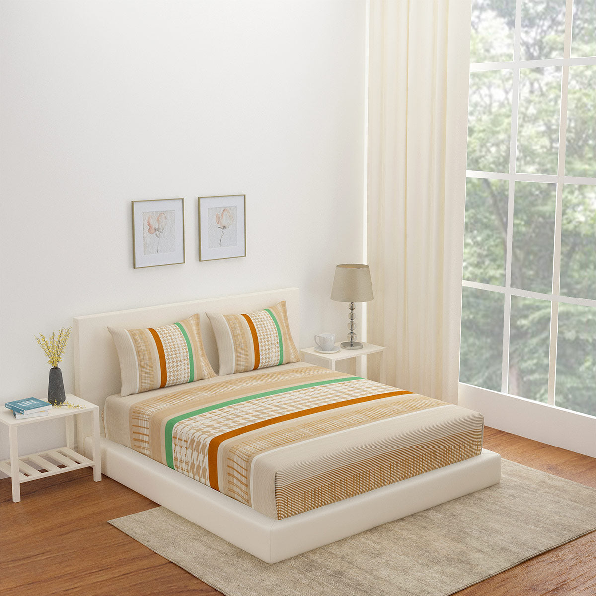 Nilkamal Arias by Lara Dutta Striped Cotton King Bedsheet With 2 Pillow Covers (Brown)