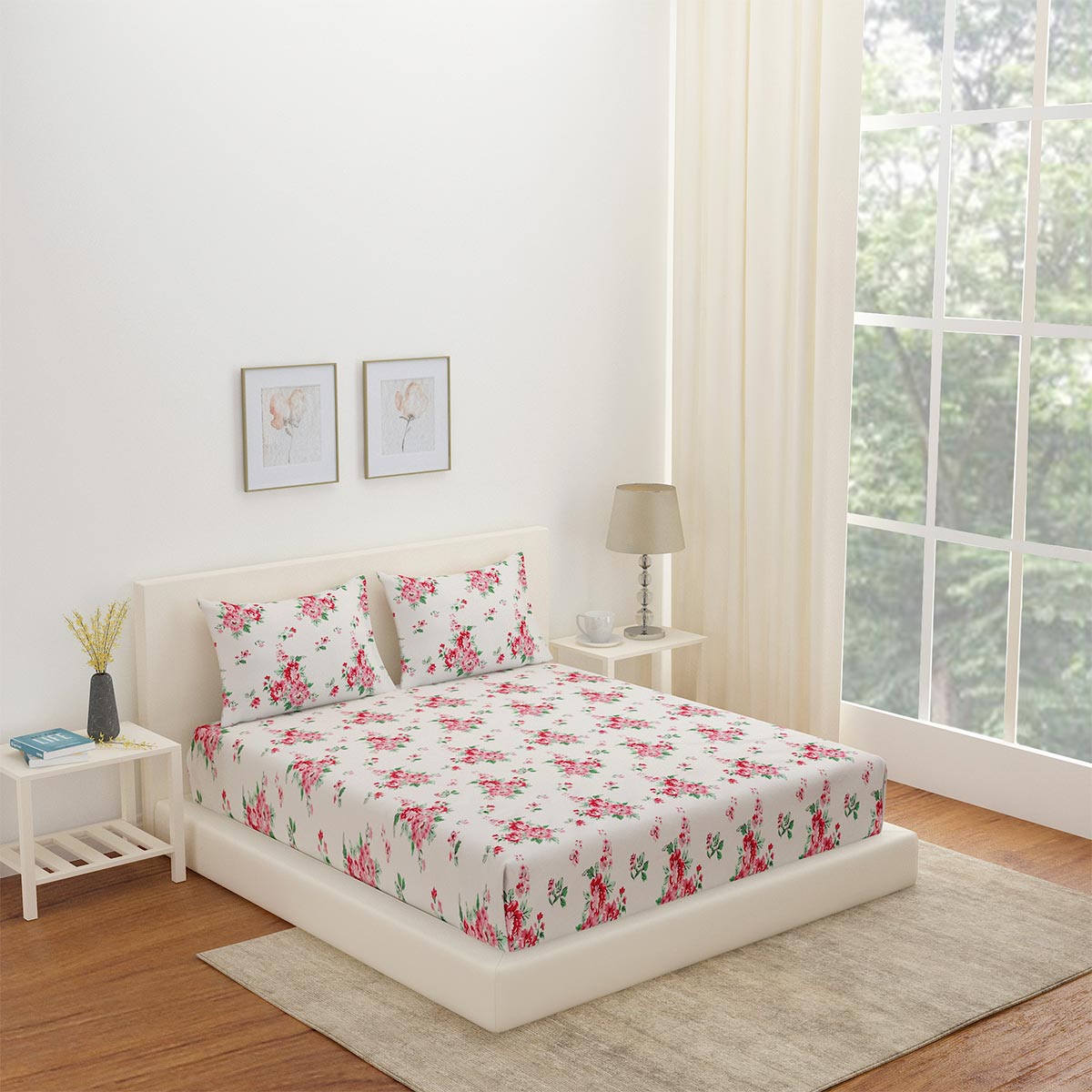 Nilkamal Arias by Lara Dutta Floral Cotton King Bedsheet With 2 Pillow Covers (Pink)