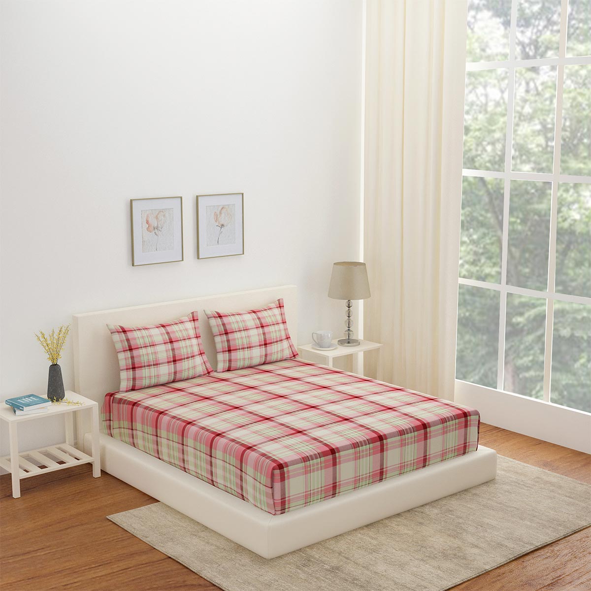 Nilkamal Arias by Lara Dutta Checkered Cotton King Bedsheet With 2 Pillow Covers (Pink)