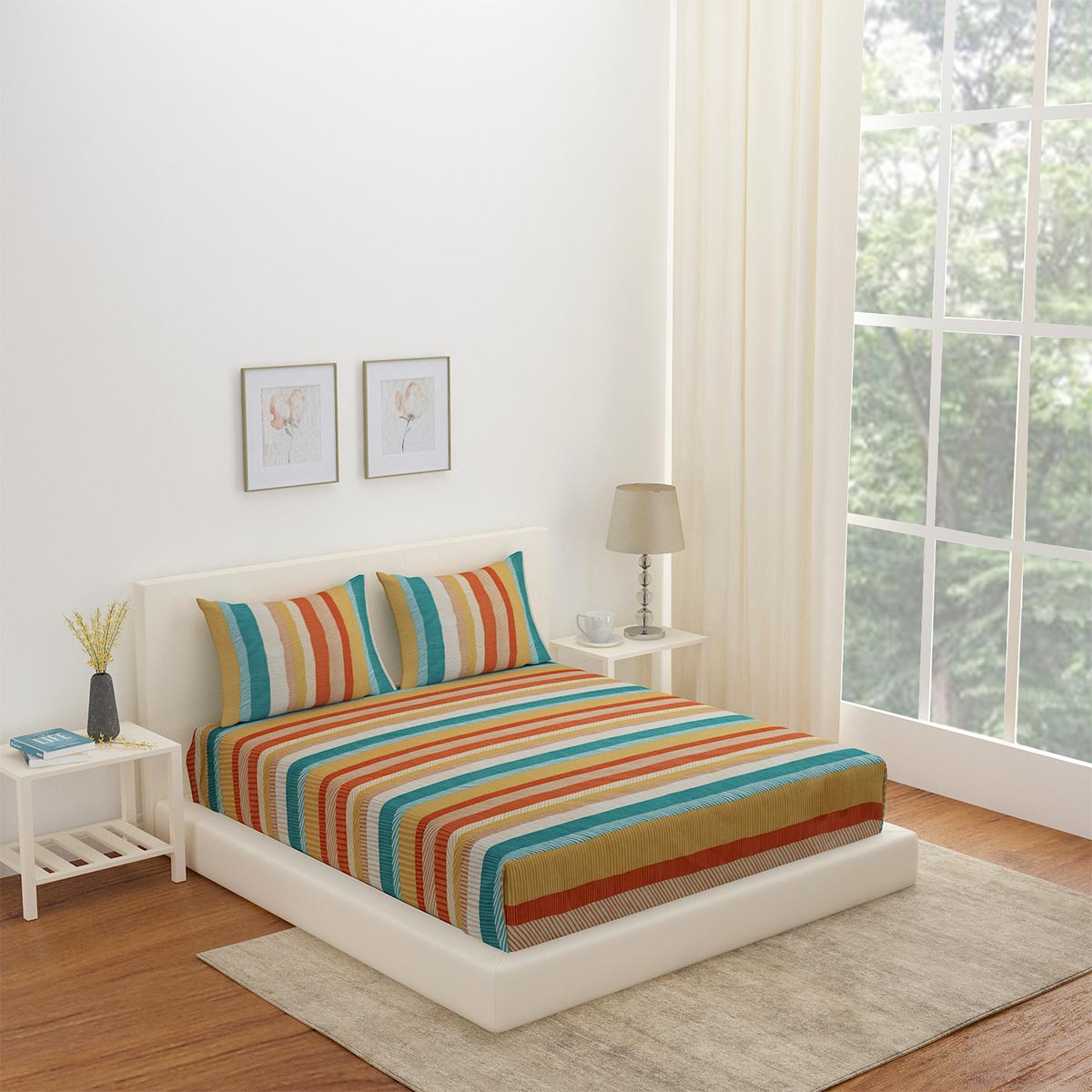 Nilkamal Arias by Lara Dutta Striped Cotton King Bedsheet With 2 Pillow Covers (Multicolor)