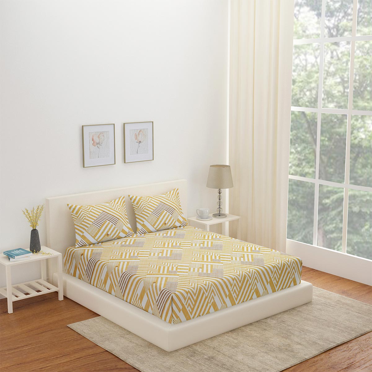 Nilkamal Arias by Lara Dutta Geometric Cotton King Bedsheet With 2 Pillow Covers (Yellow)