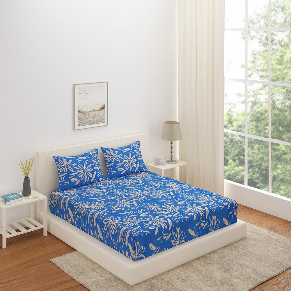Nilkamal Floral Polyester Double Bedsheet with 2 Pillow Covers (Blue) - 01