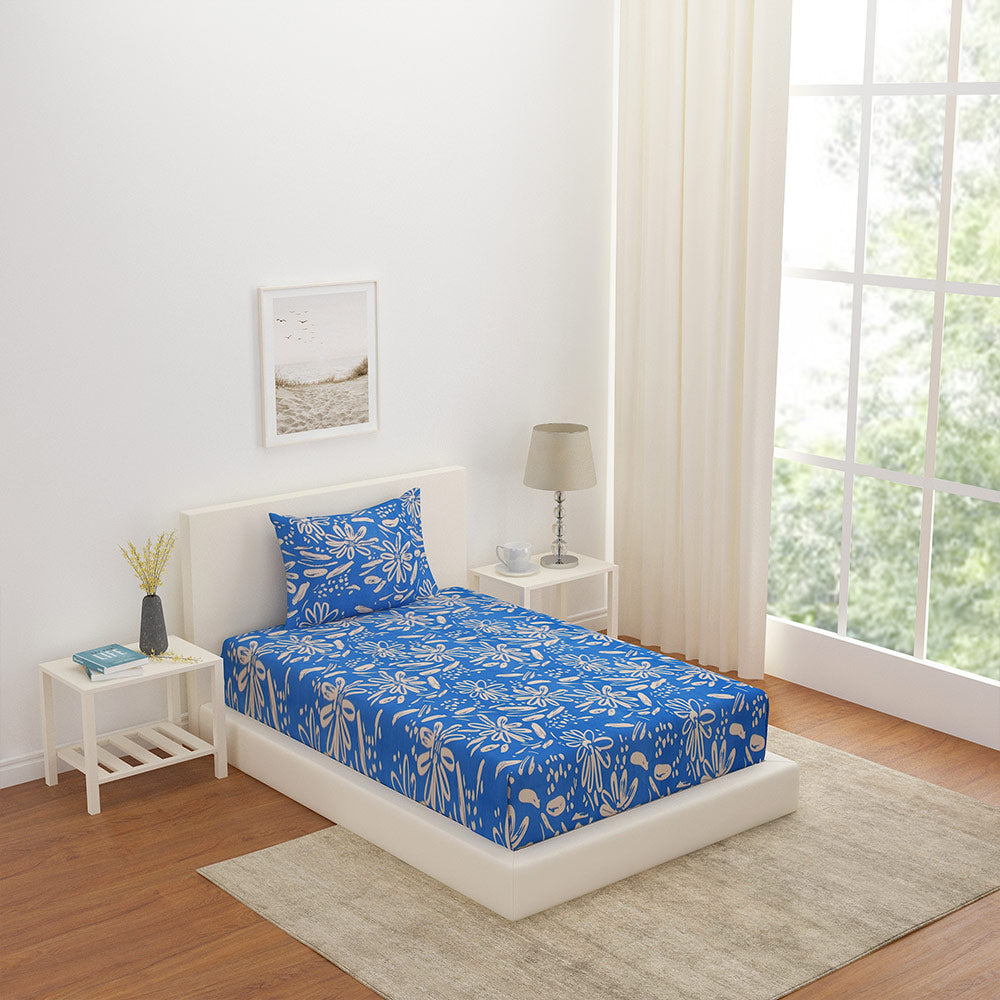 Nilkamal Floral Polyester Single Bedsheet with 1 Pillow Cover (Blue) - 01