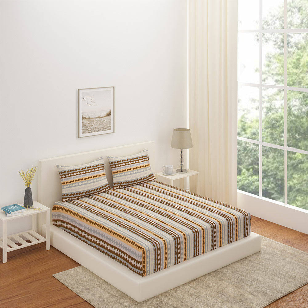 Nilkamal Striped Polyester Double Bedsheet With 2 Pillow Covers Brown