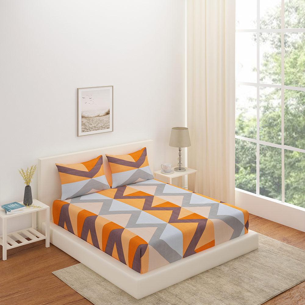 Nilkamal Geometric Polyester Double Bedsheet with 2 Pillow Covers (Orange & Blue)