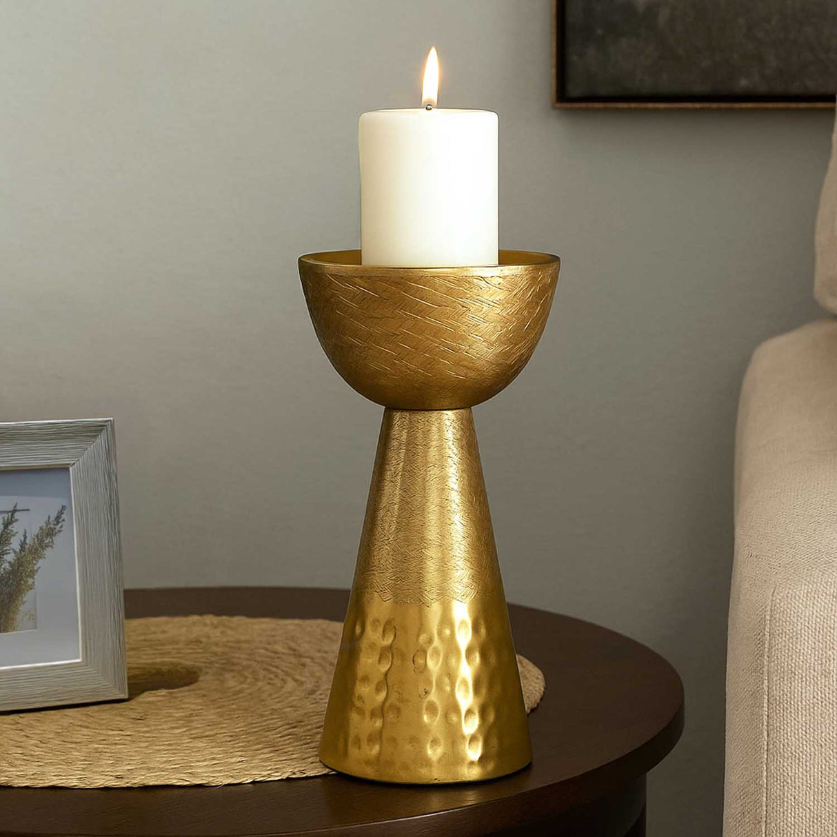 Decorative Criss Cross Textured Metal Candle Holder Small- Gold