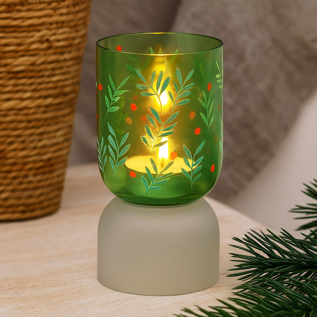 Hand-Painted Dual Arch Leaf Design Glass Candle Holder- Green
