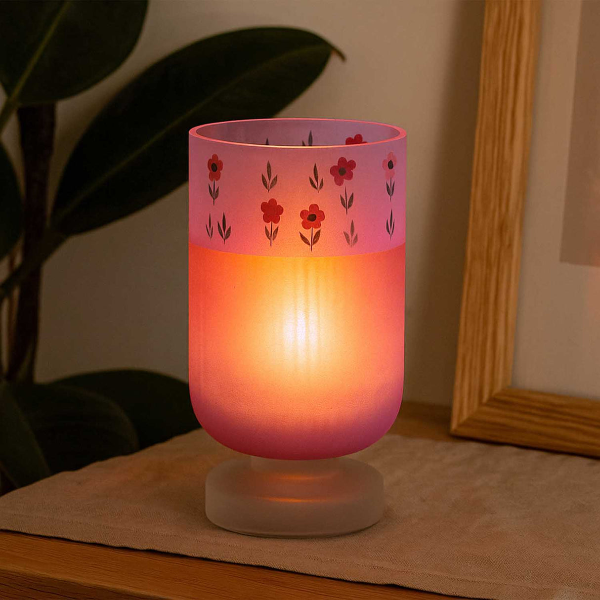 Hand-Painted Floral Frost Glass Candle Holder- Pink