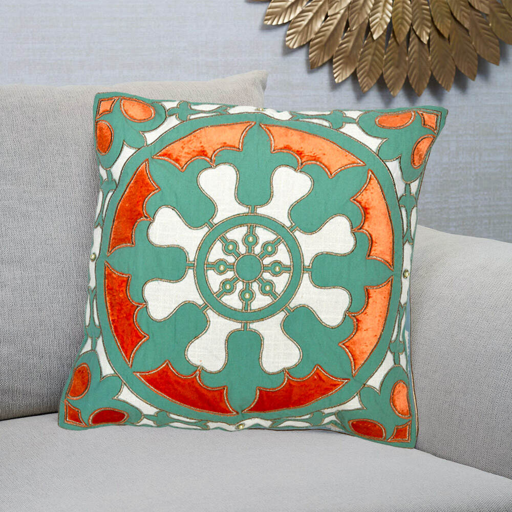 Nilkamal Embroidered Cotton Polyester 16" x 16" Cushion Cover (Green & Orange)
