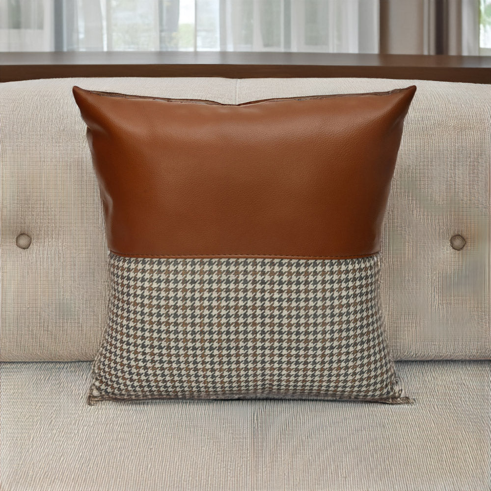 Nilkamal Houndstooth With Solid Pattern Fabric Leatherette 16 X 16 Cushion Cover Beige Tan