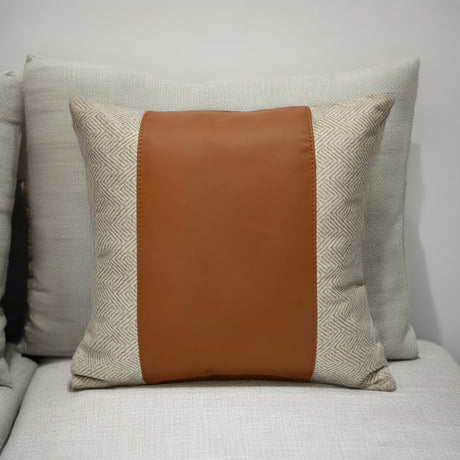 Nilkamal Abstract with Plain Strap Fabric & Leatherette 16' x 16' Cushion Cover (Beige & Brown)
