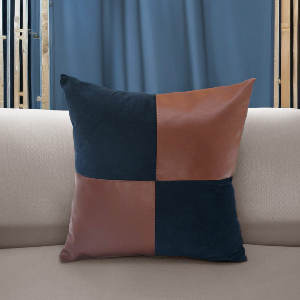 Nilkamal Checkered Fabric & Leatherette 16" x 16" Cushion Cover (Blue & Brown)