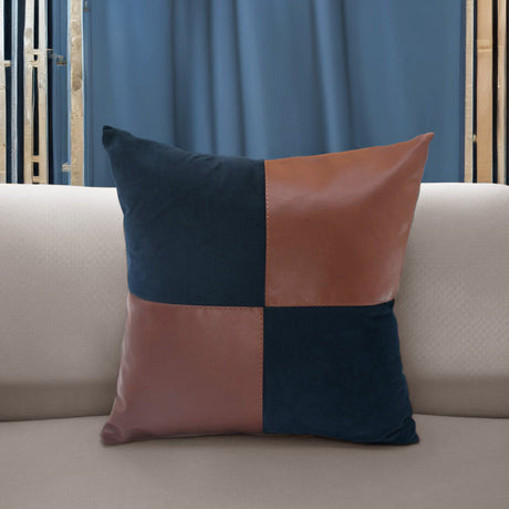 Nilkamal Checkered Fabric & Leatherette 16" x 16" Cushion Cover (Blue & Brown)