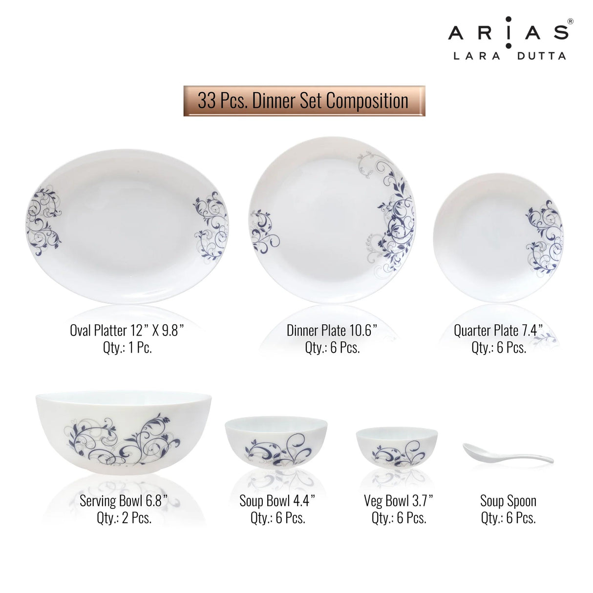 Arias by Lara Dutta Moon Blue Spring Dinner Set - 33 Pieces