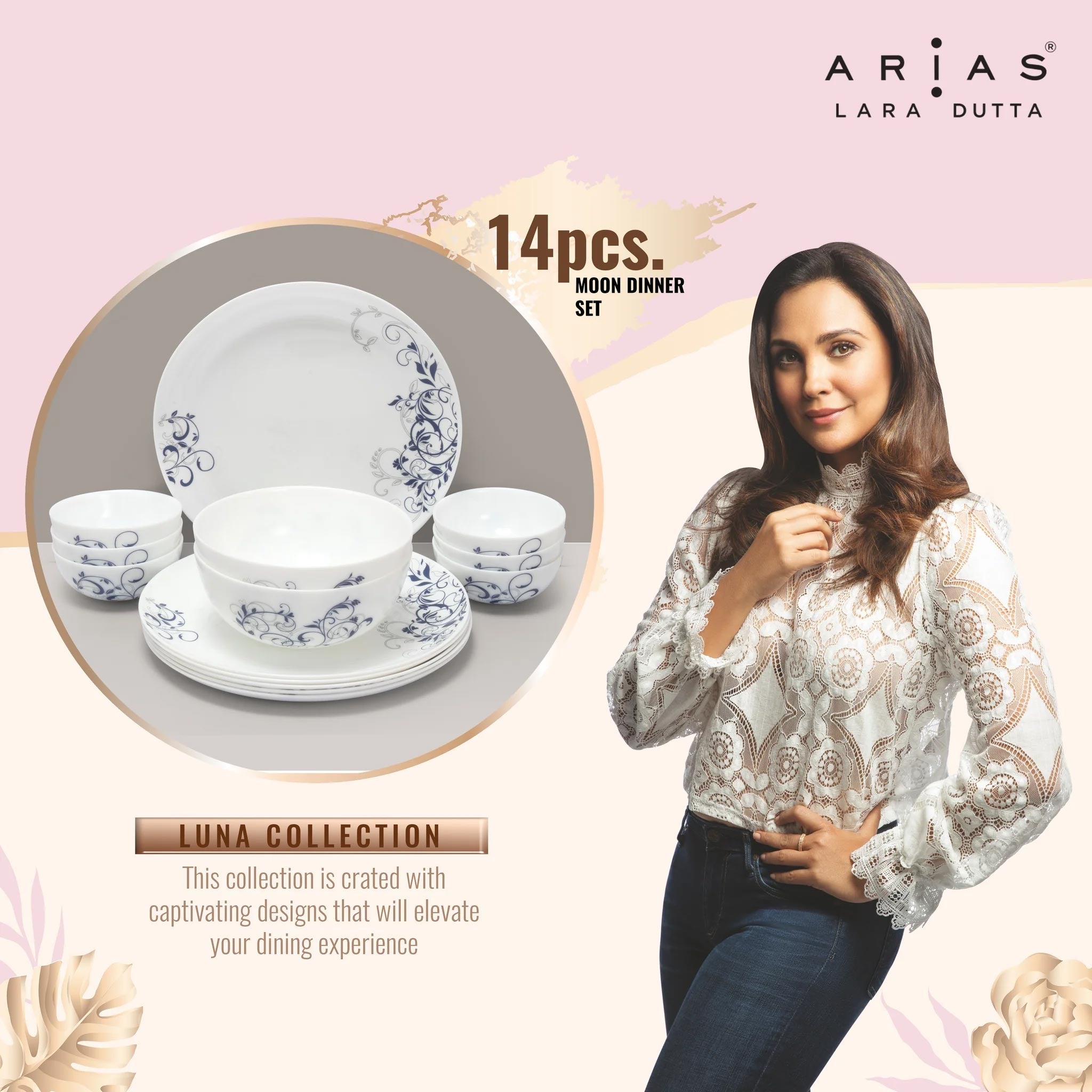 Arias by Lara Dutta Moon Blue Spring Dinner Set - 14 Pieces