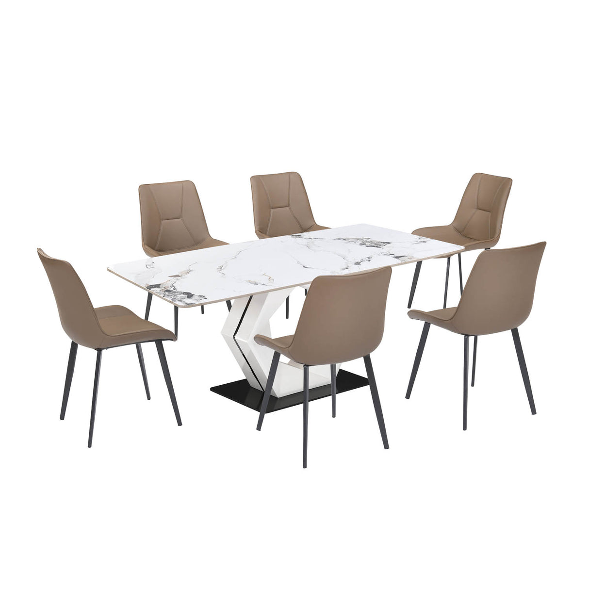 6 Seater Allune Ceramic Dining Set with Hexin Base and Nivo Chairs- Ash White