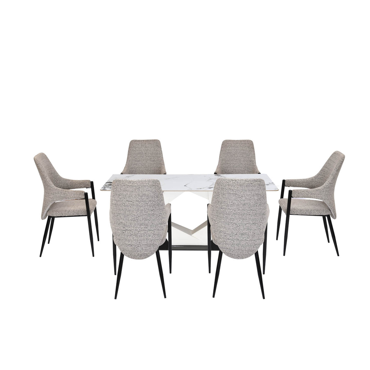 6 Seater Allune Ceramic Dining Set with Hexin Base and Tierra Chairs- Ash White