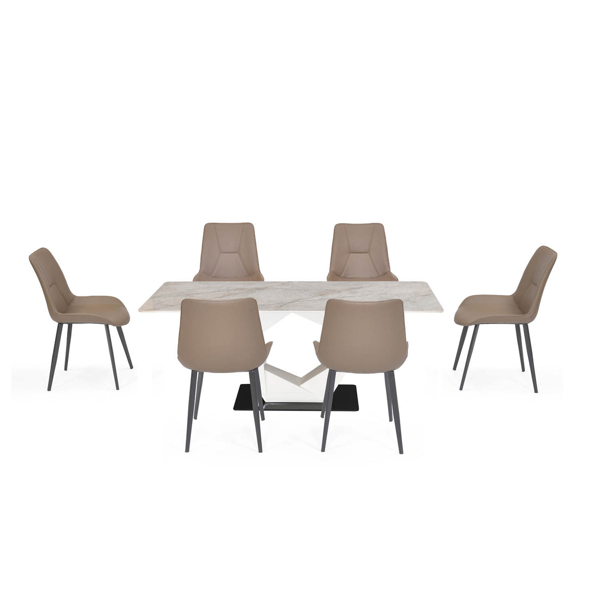 6 Seater Bevon Ceramic Dining Set with Hexin Base and Nivo Chairs- Cloud Beige