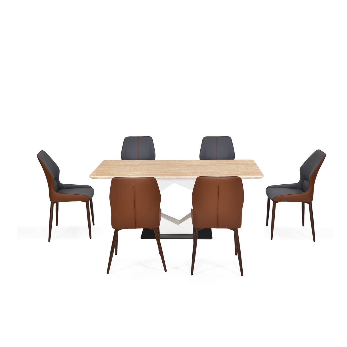 6 Seater Trava Marble Dining Set with Hexin Base and Ellipse Chairs- Travertine