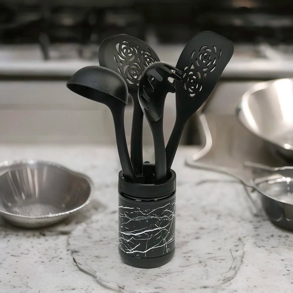 Nilkamal Kitchen Cooking And Serving Spoons Set Of 4 With Jar Black