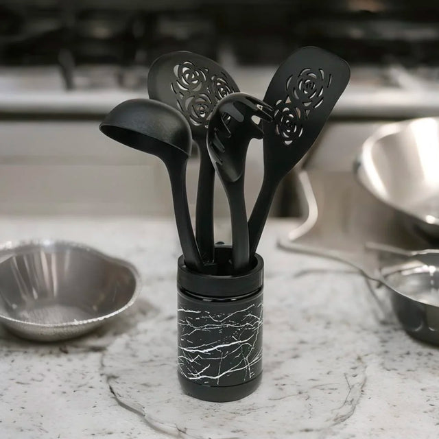 Nilkamal Kitchen Cooking And Serving Spoons Set Of 4 With Jar Black