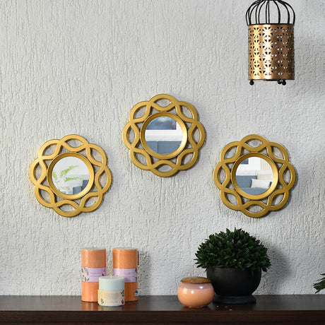 Nilkamal Floral Decorative Wall Mirrors Set of 3 (Gold)