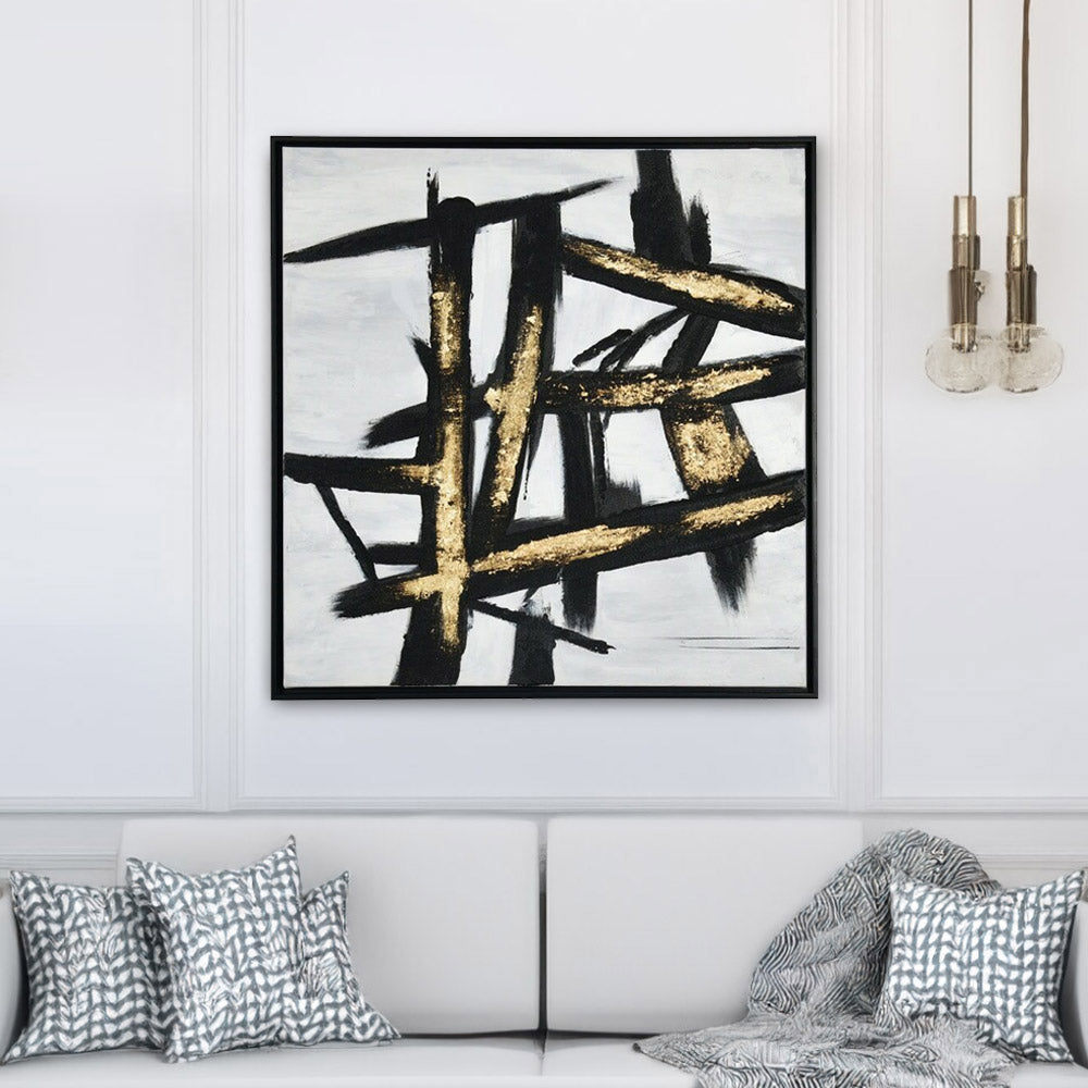 Nilkamal Criss Cross Design Canvas Wall Painting (Black & Gold) - 01