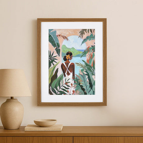 Tropical Woman Standing on the left Canvas Wall Painting (Green) framed artwork 1